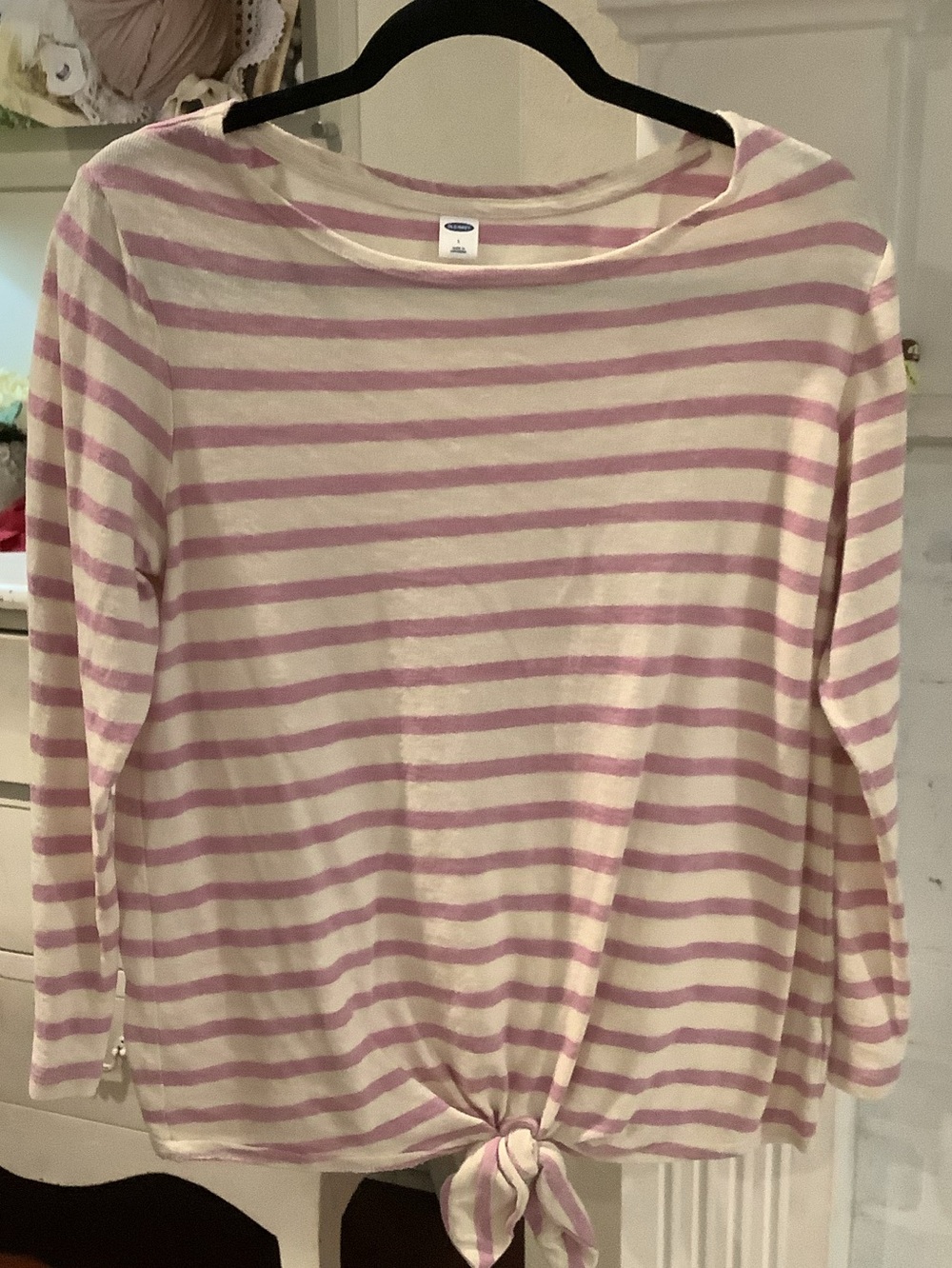 Old Navy Cream and Pink Striped Tie-Front Long Sleeve Top